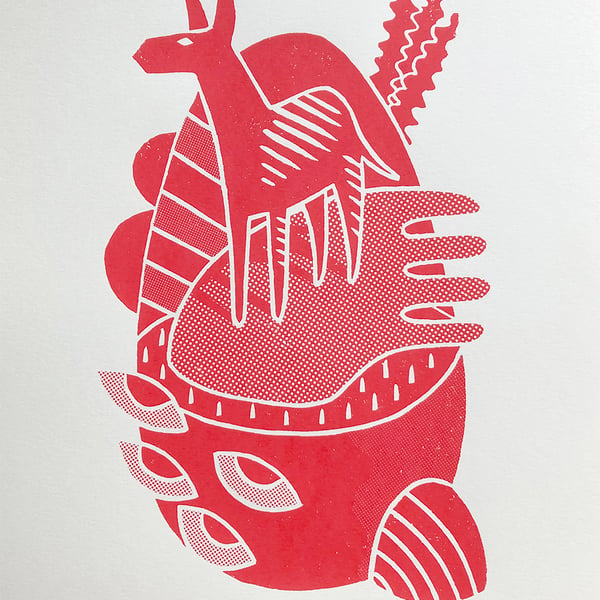 Donkey Icon No.2 A2 linocut screen-print (red ink on cream paper)