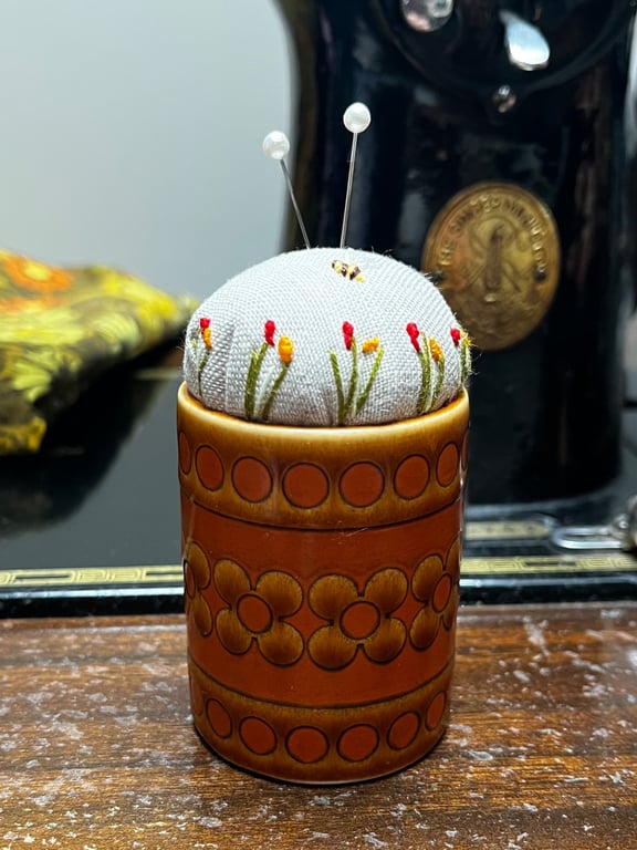 Hornsea Saffron seventies pot embroidered pincushion