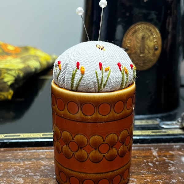 Hornsea Saffron seventies pot embroidered pincushion