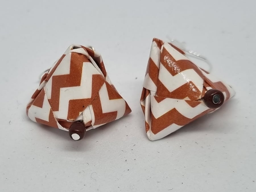 Origami earrings: brown, white geometric patterned paper 