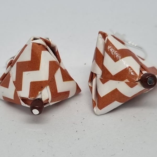 Origami earrings: brown, white geometric patterned paper 