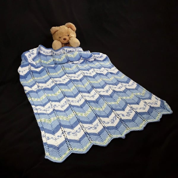 Hand knitted baby pram blanket - blue chevron - baby Afghan 