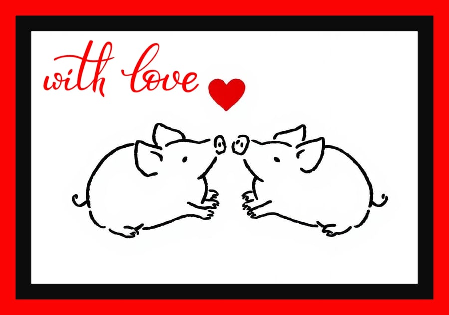 Fun With Love Pigs Line Drawing Greeting Card A5 Size 