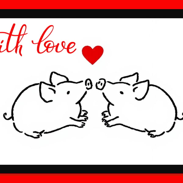 Fun With Love Pigs Line Drawing Greeting Card A5 Size 