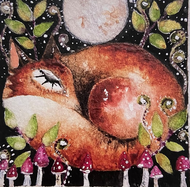 Whimsical curled up fox with mushrooms in moonlight digital print
