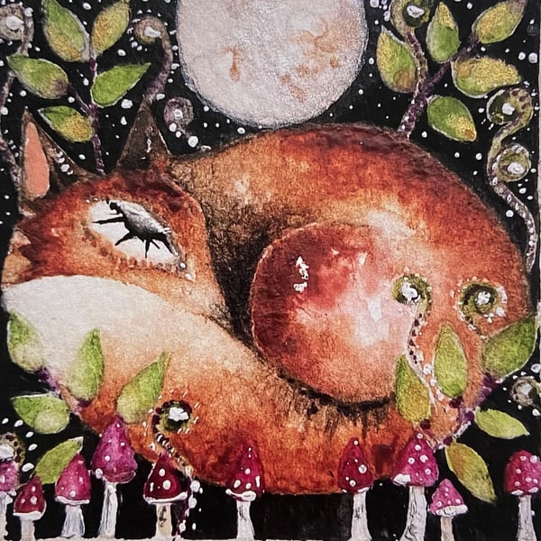 Whimsical curled up fox with mushrooms in moonlight digital print