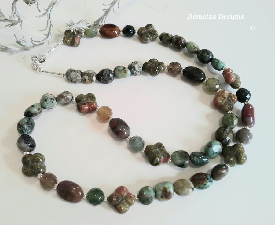 African Turquoise (Stabilised),  Jasper, Agate  Unikite Sterling Silver Necklace