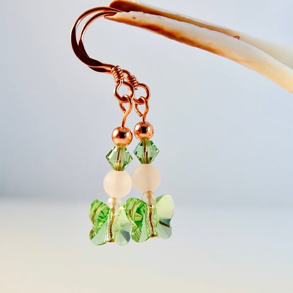 Green Swarovski Crystal Butterfly And Copper Earrings- Handmade In Devon