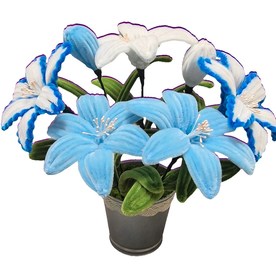 Image of Everlasting Blue Lily Pot - Handmade Chenille Stem Flower Bouquet