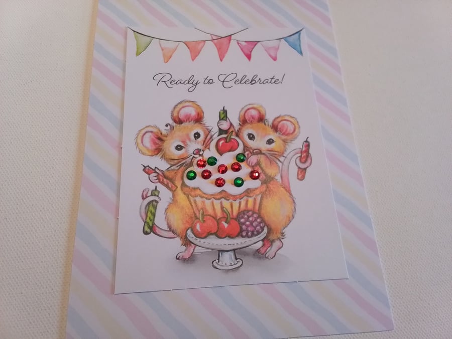 Birthday card. Handmade card. Mice. Birthday cake. 941