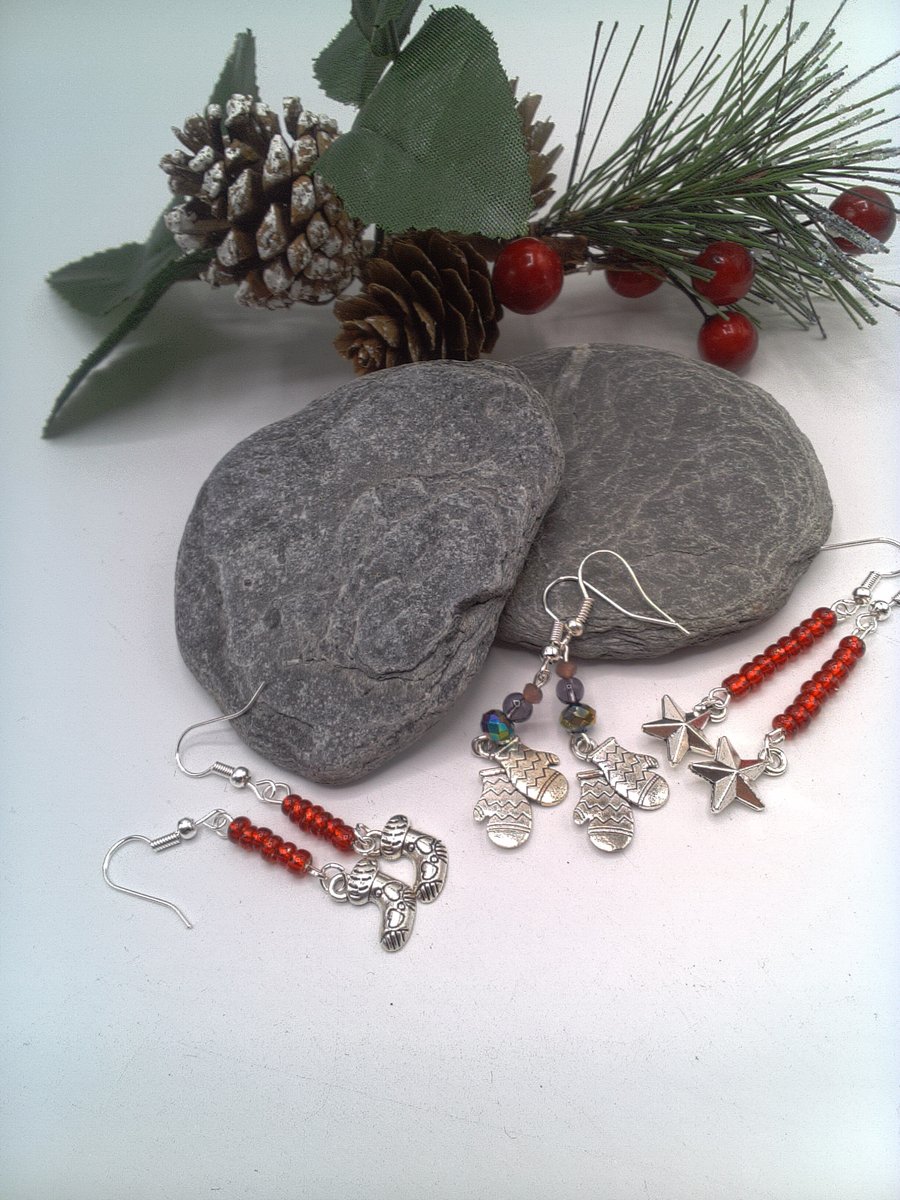 Silver Christmas Charm & Beads Earrings, Stockings, Stars, Mittens, Secret Santa