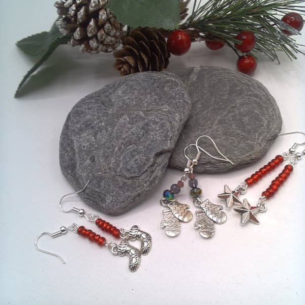 Silver Christmas Charm & Beads Earrings, Stockings, Stars, Mittens, Secret Santa