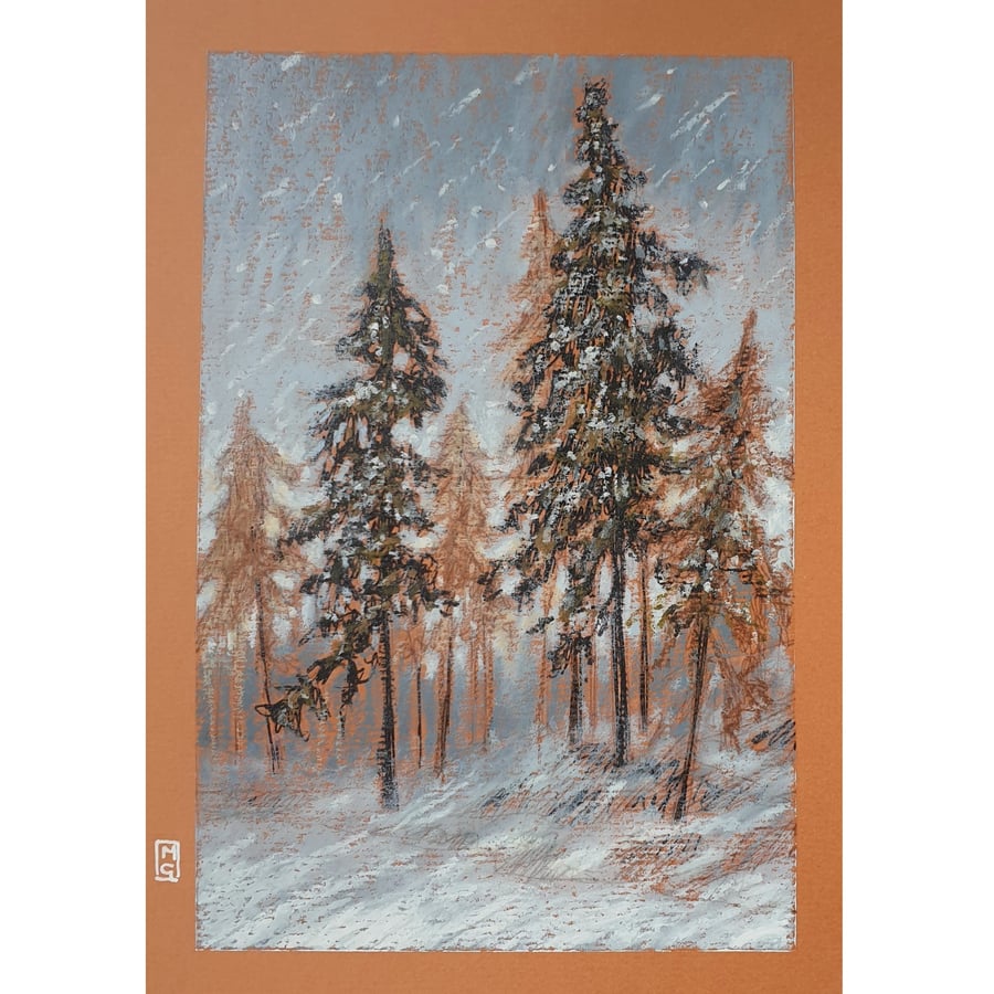 Woodland Snowstorm - Original oil pastel painting with trees and snow