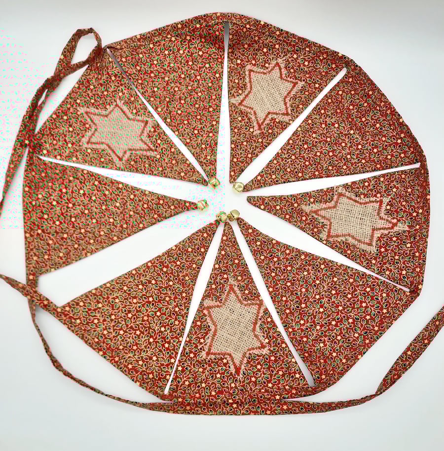 Christmas bunting with bells, red and gold holly cotton print fabric. 