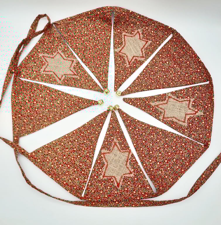 Christmas bunting with bells, red and gold holly cotton print fabric. 