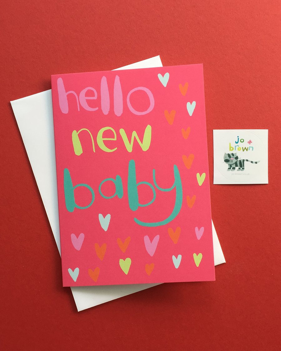 Hello New Baby Card in deep pink by Jo Brown