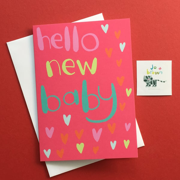 Hello New Baby Card in deep pink by Jo Brown