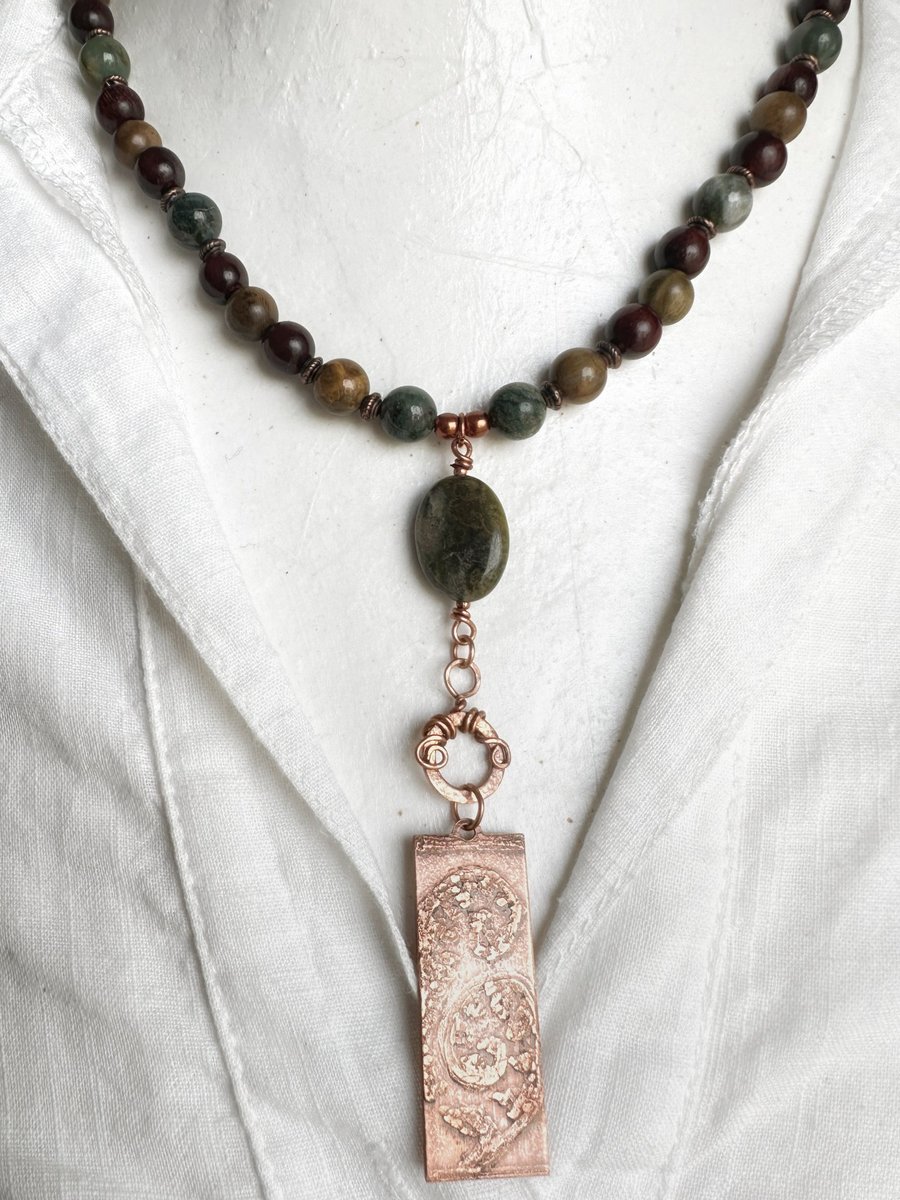 Salt Etched Copper Fern Pendant with Jasper Stones 