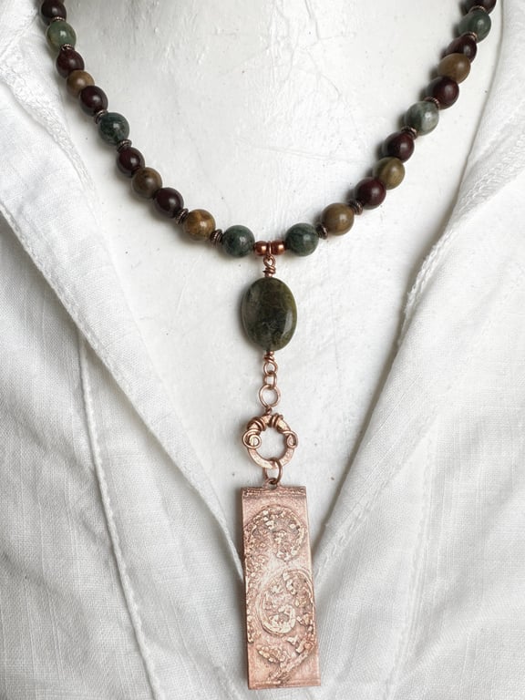 Salt Etched Copper Fern Pendant with Jasper Stones 
