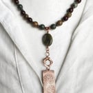 Salt Etched Copper Fern Pendant with Jasper Stones 