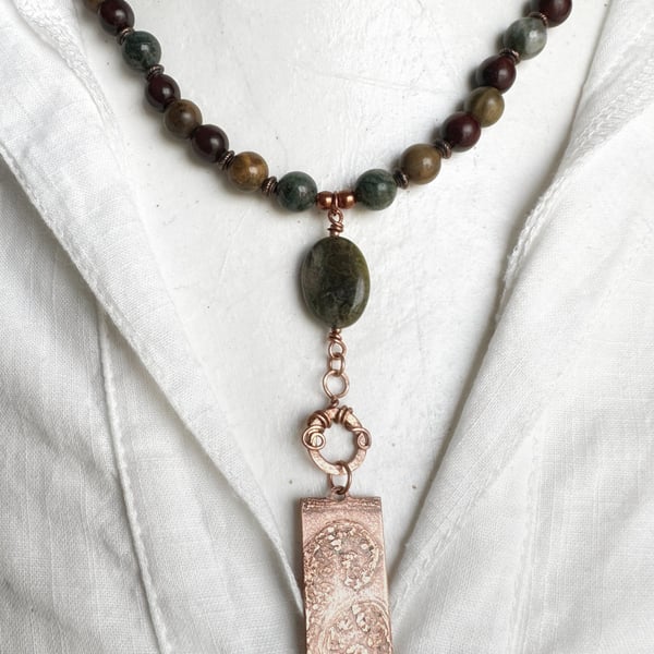 Salt Etched Copper Fern Pendant with Jasper Stones 