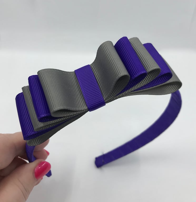 Purple Hairband with 5 Layer Purple and Grey Two-tone Straight Bow