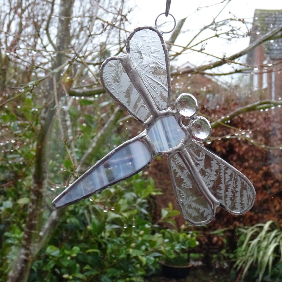 Stained Glass Small Dragonfly Suncatcher - Handmade Hanging Decoration - White 
