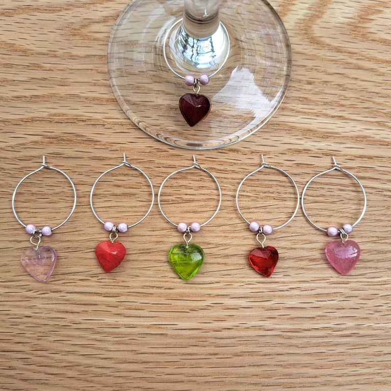 Set of 6 Wine Glass Charms with Pale-Pink Miracle Beads & Coloured Heart Charms