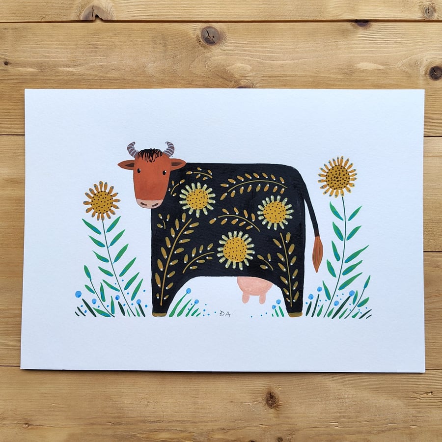 Cow folk art painting, original artwork A4 acrylic, country style sunflowers