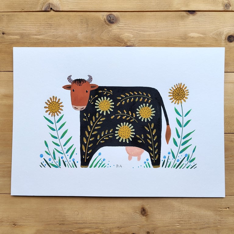 Cow folk art painting, original artwork A4 acrylic, country style sunflowers