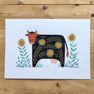 Cow folk art painting, original artwork A4 acrylic, country style sunflowers