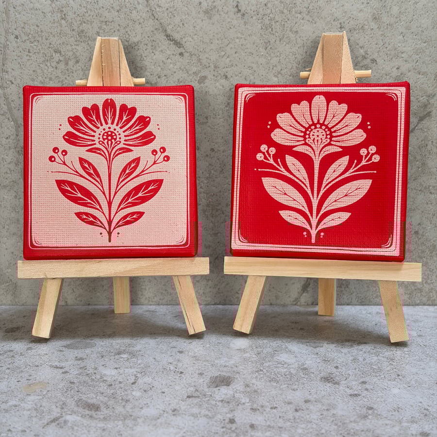 Red Folk Floral Mini Canvas Art – Engraved Flower Print – 7.5cm Square