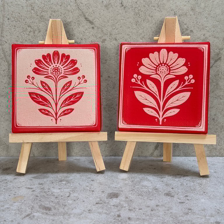 Red Folk Floral Mini Canvas Art – Engraved Flower Print – 7.5cm Square