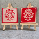 Red Folk Floral Mini Canvas Art – Engraved Flower Print – 7.5cm Square