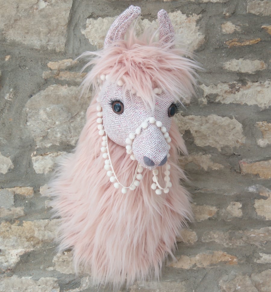 Handmade faux taxidermy baby pink Llama Lama Alpaca wall mount animal decoration