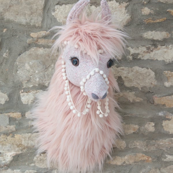 Handmade faux taxidermy baby pink Llama Lama Alpaca wall mount animal decoration