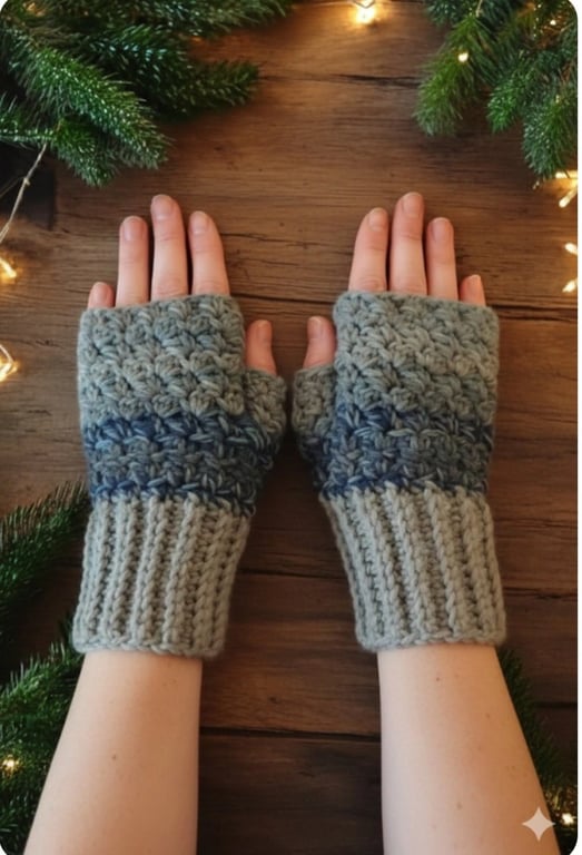 Handmade Crochet Fingerless Gloves Blue Grey Wool Blend Wrist Warmers Boho