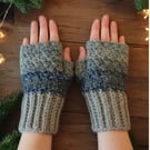 Handmade Crochet Fingerless Gloves Blue Grey Wool Blend Wrist Warmers Boho