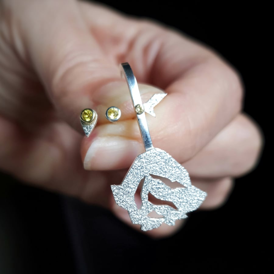 Unique Earring Set with two yellow sapphire studs and one Rose Cuff earring