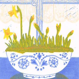 Daffodils forced bulbs - Original limited edition linocut print.