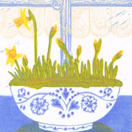 Daffodils forced bulbs - Original limited edition linocut print.