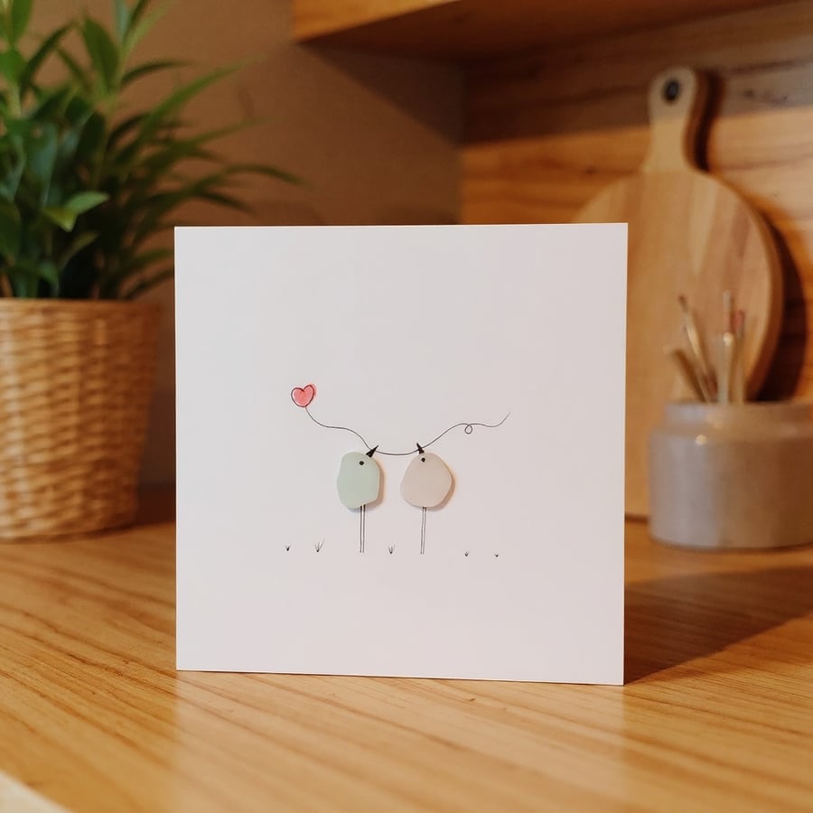 Sea Glass Birds Heart Handmade Card - Engagement Wedding Anniversary Valentine's