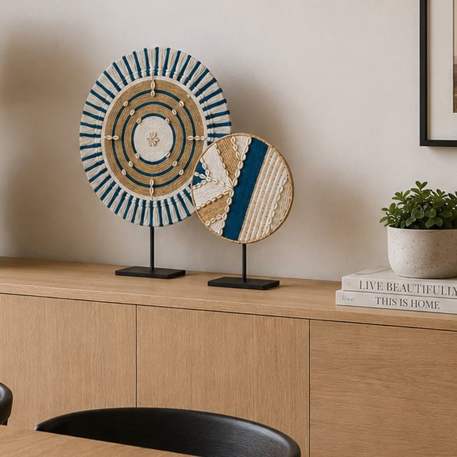 Teal, Off white & Sisal with Cowrie Shells Wall, Shelf and Console Table Decor