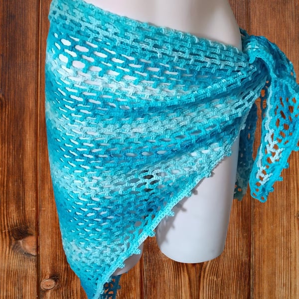 3 in 1 Crochet Beach Coverup Sarong Wrap, Ombre Mesh Shawl, Boho Halter Top