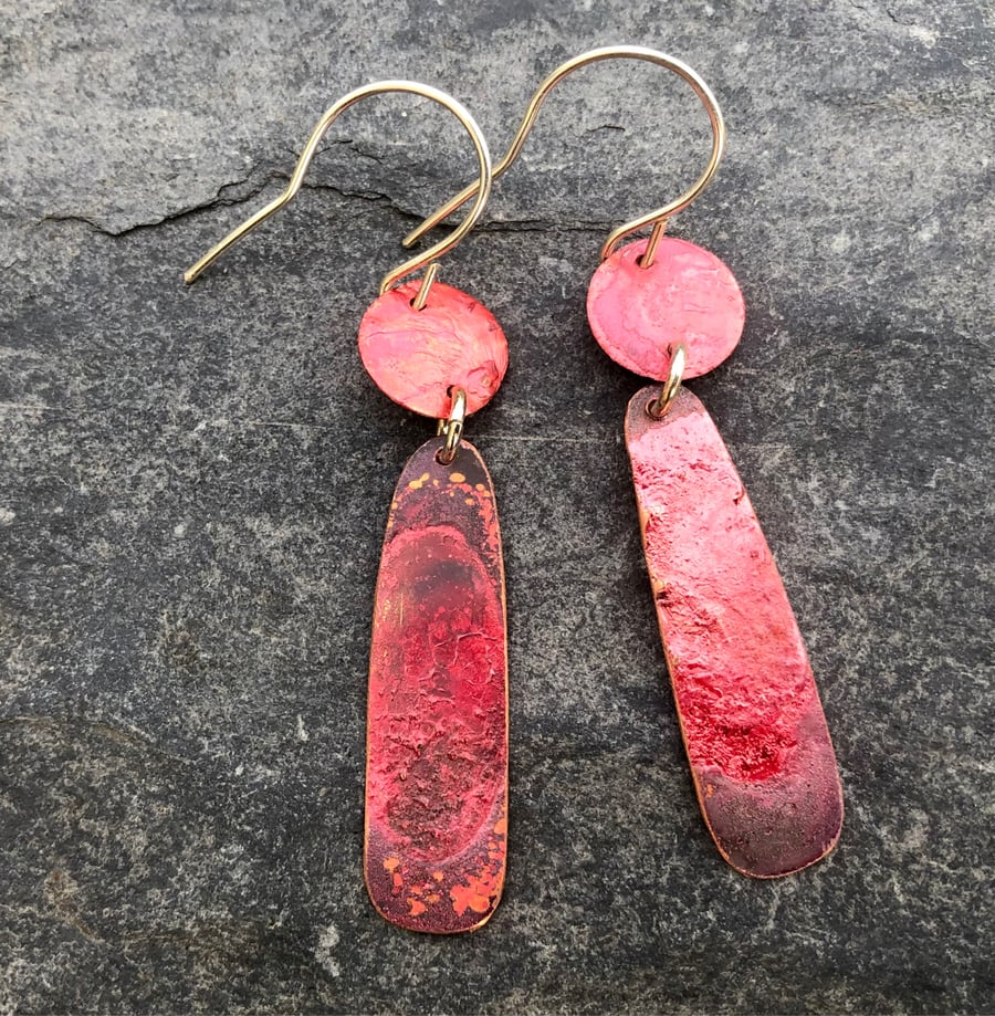 Red Copper Geometric Long Dangle Earrings
