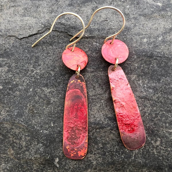 Red Copper Geometric Long Dangle Earrings
