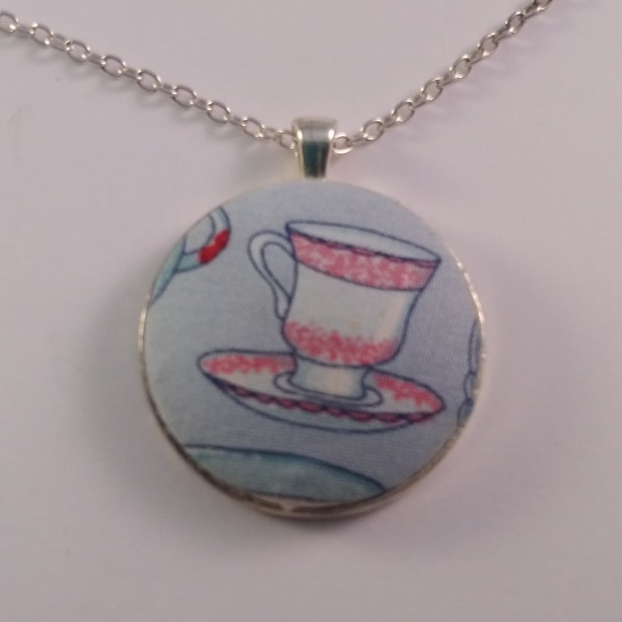 38mm Teacup Design Fabric Covered Button Pendant
