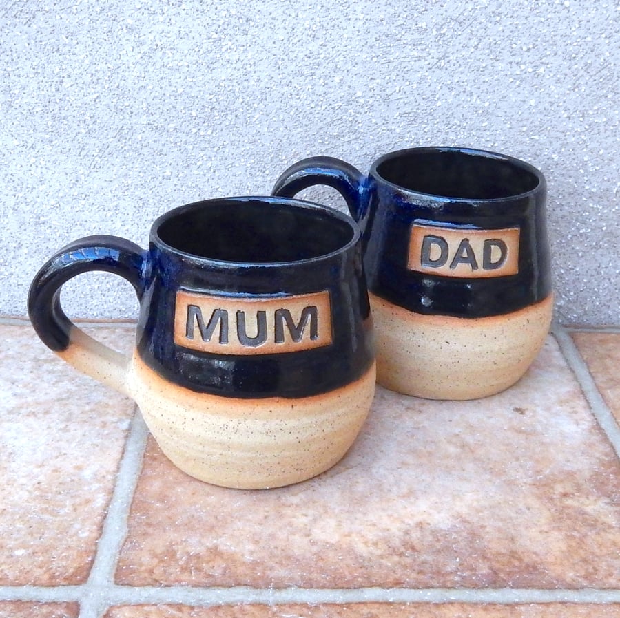 Mum and Dad cuddle mugs coffee tea cup wheel thrown in stoneware ceramic pottery