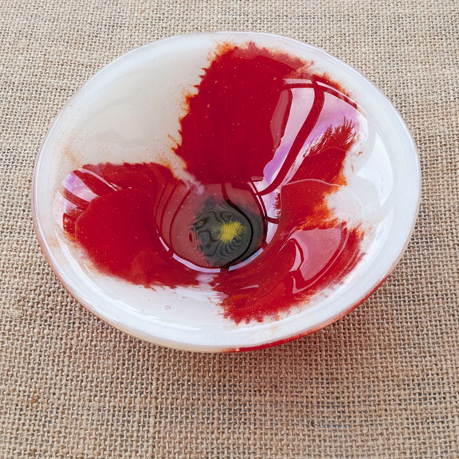 Bright Red Poppy Flower Fused Glass Decorative Round Bowl