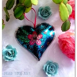 Tin Heart hanging decoration. Turquoise with pink flower pattern. 